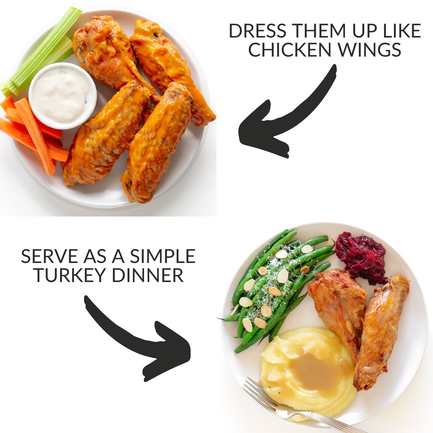 Graphic showing two ways to serve baked turkey wings.