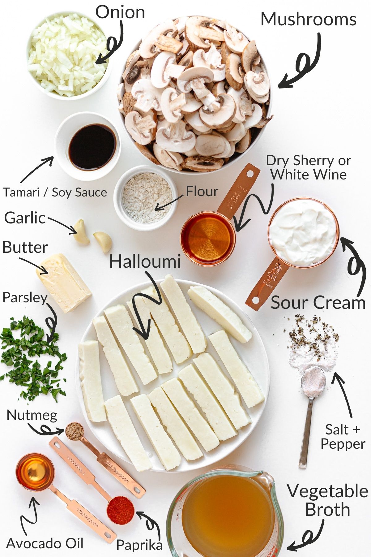 Labelled overhead image of ingredients needed to make Halloumi Stroganoff.