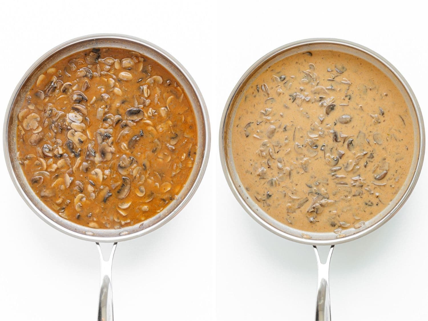 Photo collage of Stroganoff sauce in a stainless steel skillet before and after adding in sour cream.