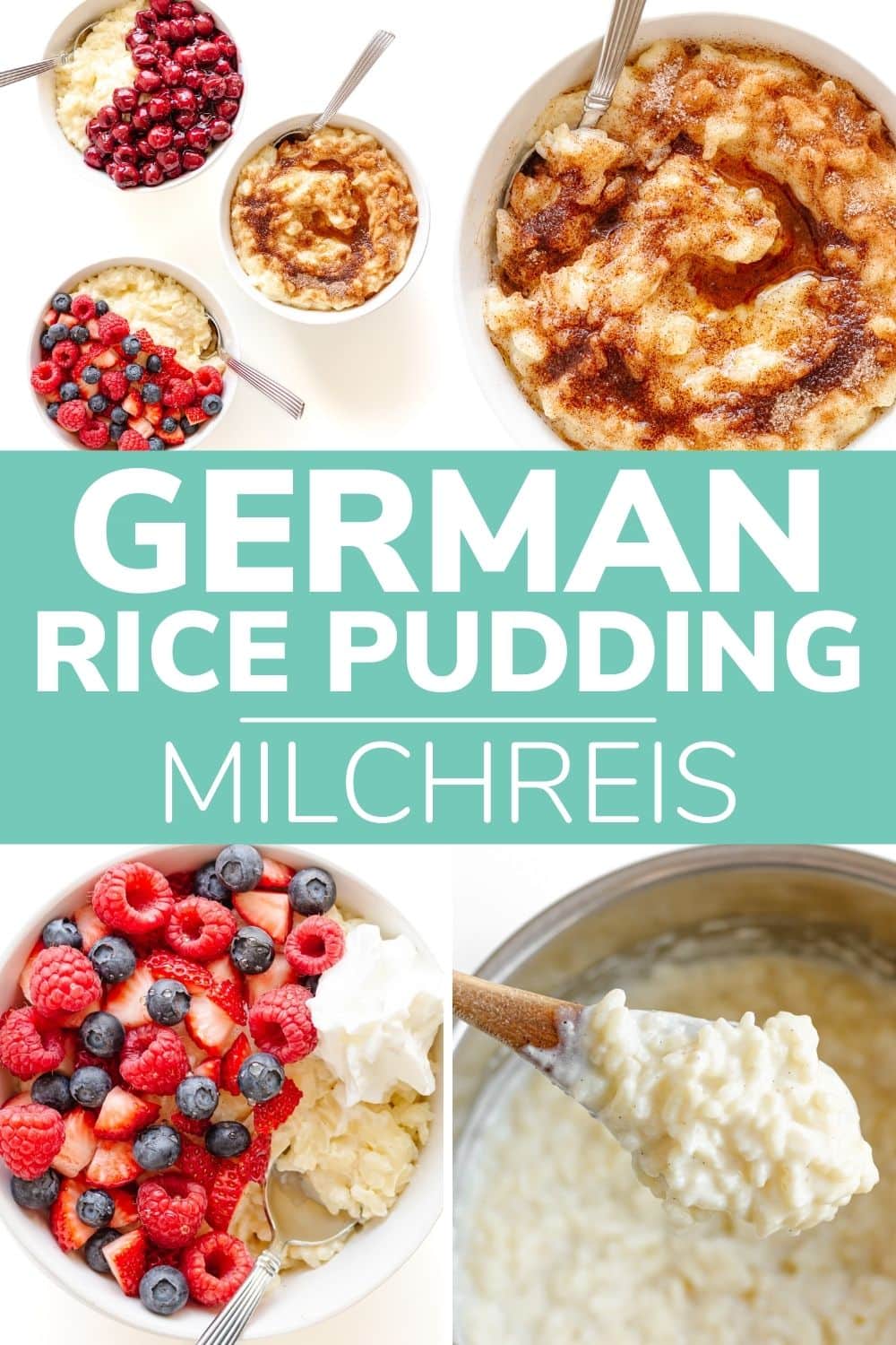 Collage graphic featuring pictures of rice pudding with text overlay "German Rice Pudding - Milchreis".