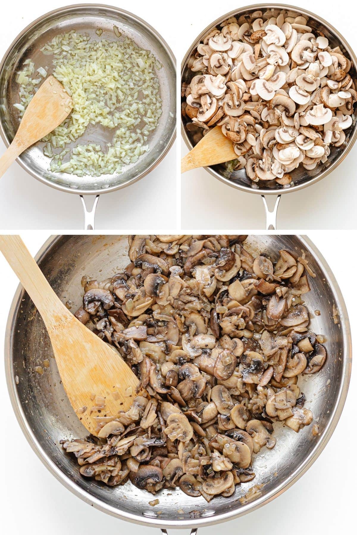 Collage of images showing different stages of the veggies being sautéed for stroganoff sauce.