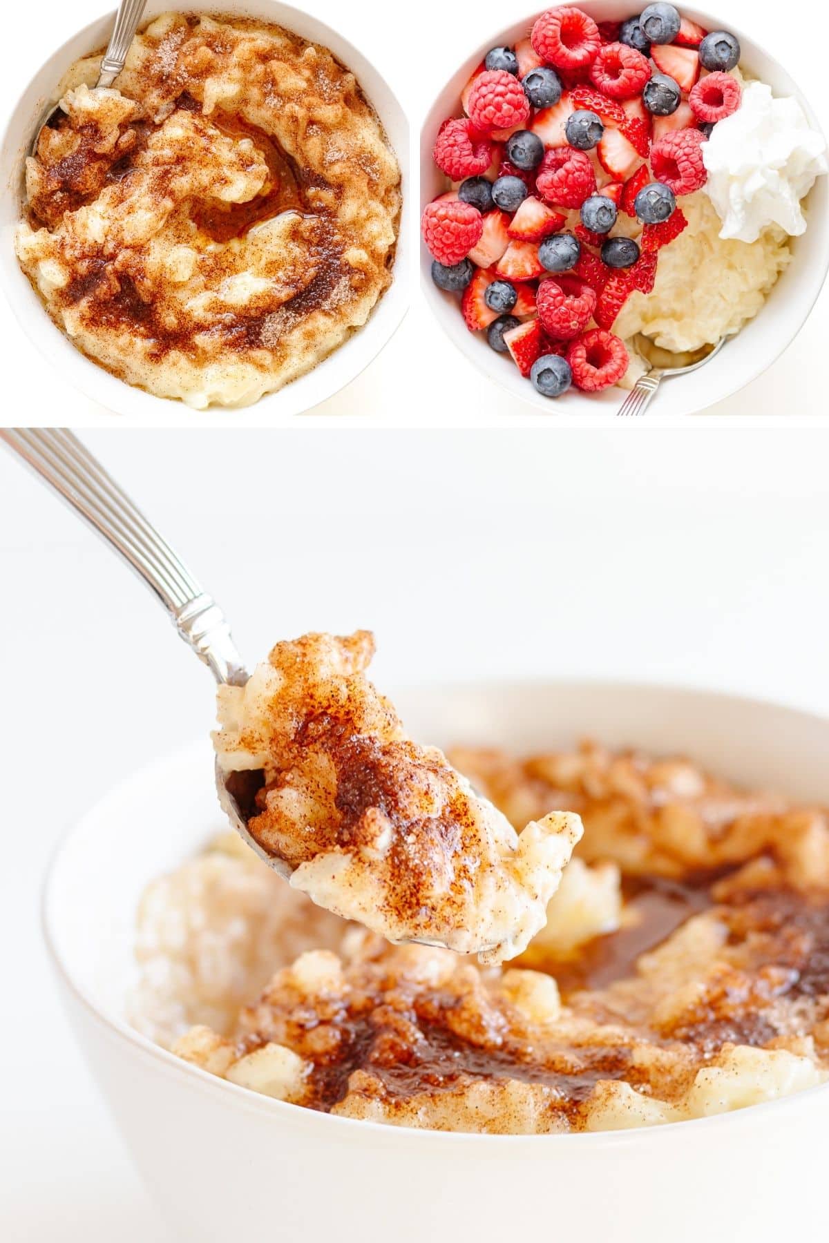 Photo collage of Milchreis (aka German Milk Rice Pudding) served up in bowls with different toppings.