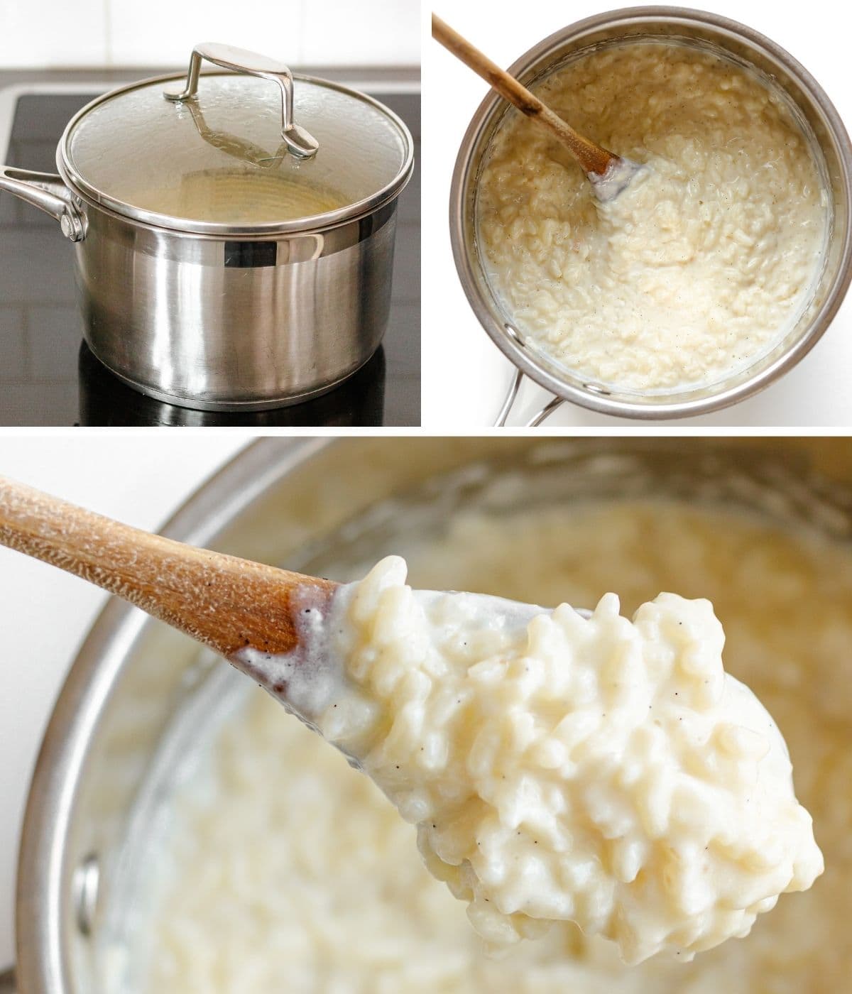 Photo collage showing Milchreis (German Rice Pudding) being simmered and finished texture on a wooden spoon.