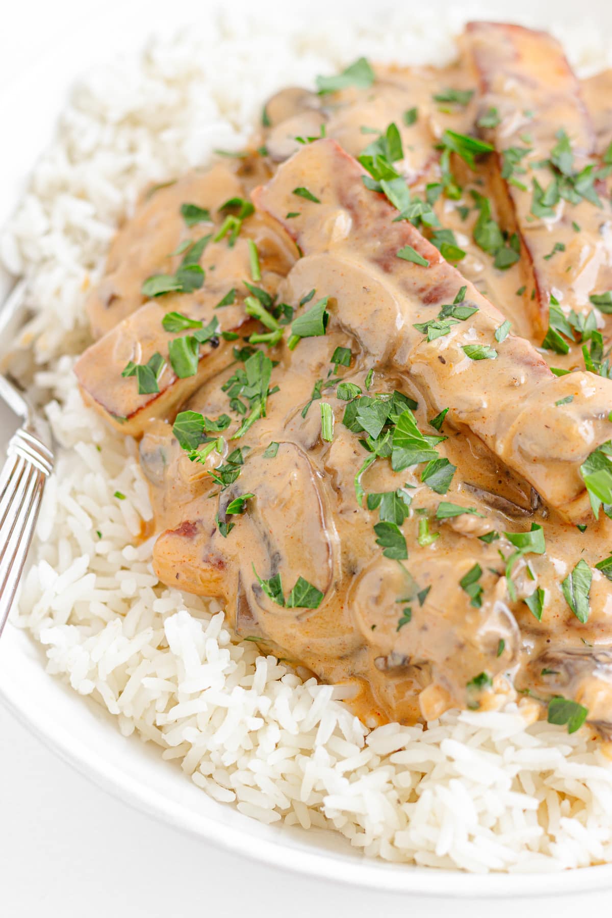 Halloumi and mushroom stroganoff over rice.