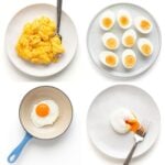 Photo collage of different types of cooked eggs: scrambled, boiled, fried and poached.