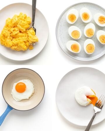 Photo collage of different types of cooked eggs: scrambled, boiled, fried and poached.
