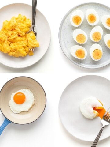Photo collage of different types of cooked eggs: scrambled, boiled, fried and poached.