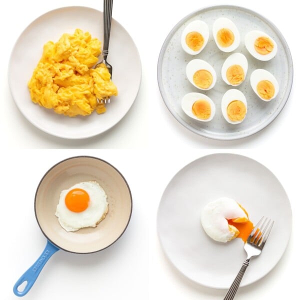 Photo collage of different types of cooked eggs: scrambled, boiled, fried and poached.
