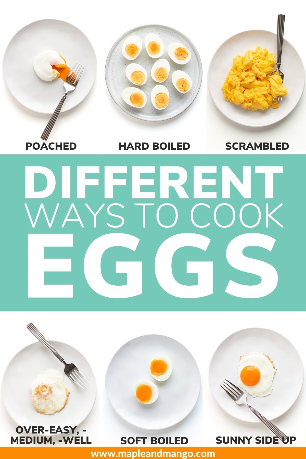 Pinterest graphic showing a variety of different types of cooked eggs with text overlay "Different Ways To Cook Eggs".