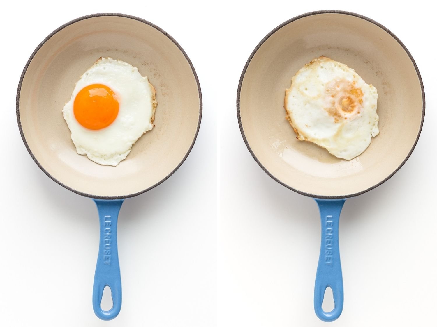 Photo collage showing two types of fried eggs side by side - a sunny side up egg in a small frying pan and an over-easy egg in a small frying pan.