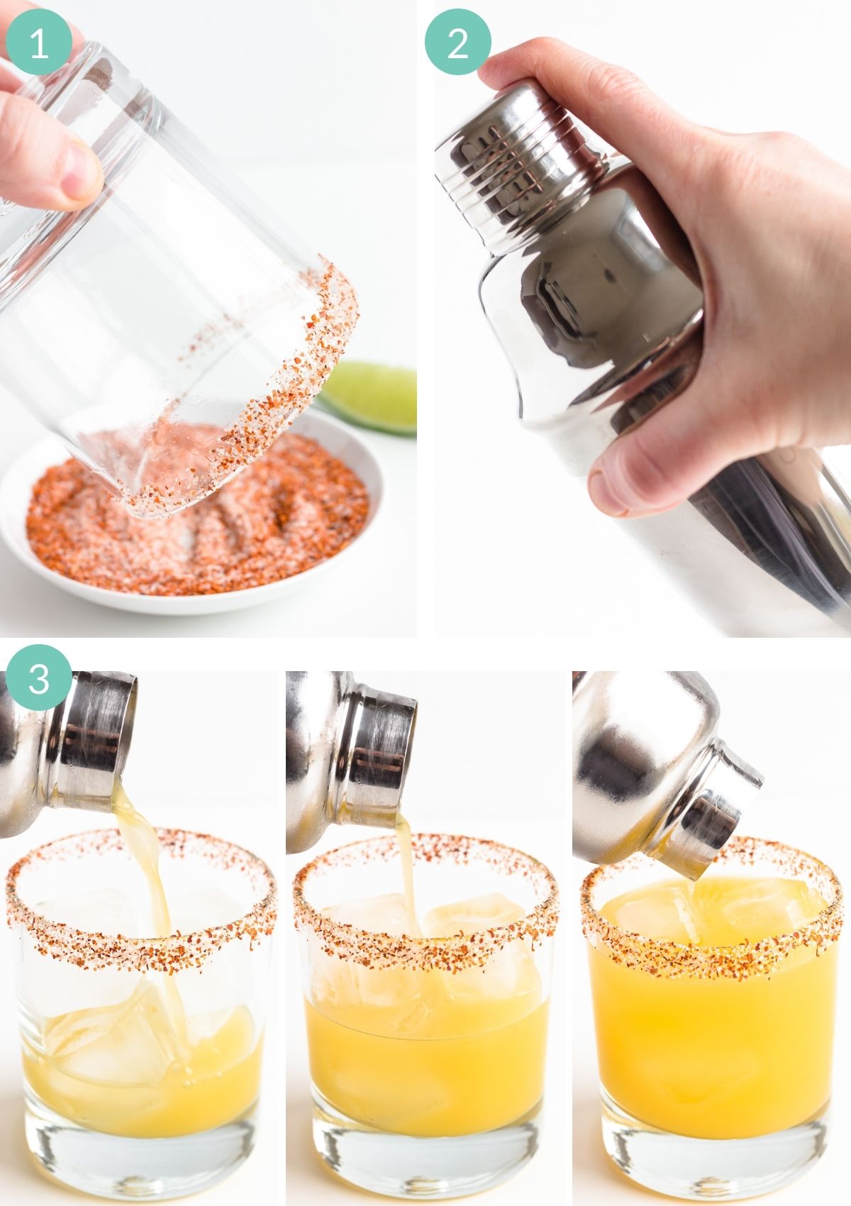 Numbered collage graphic showing how to make passion fruit margaritas step-by-step.