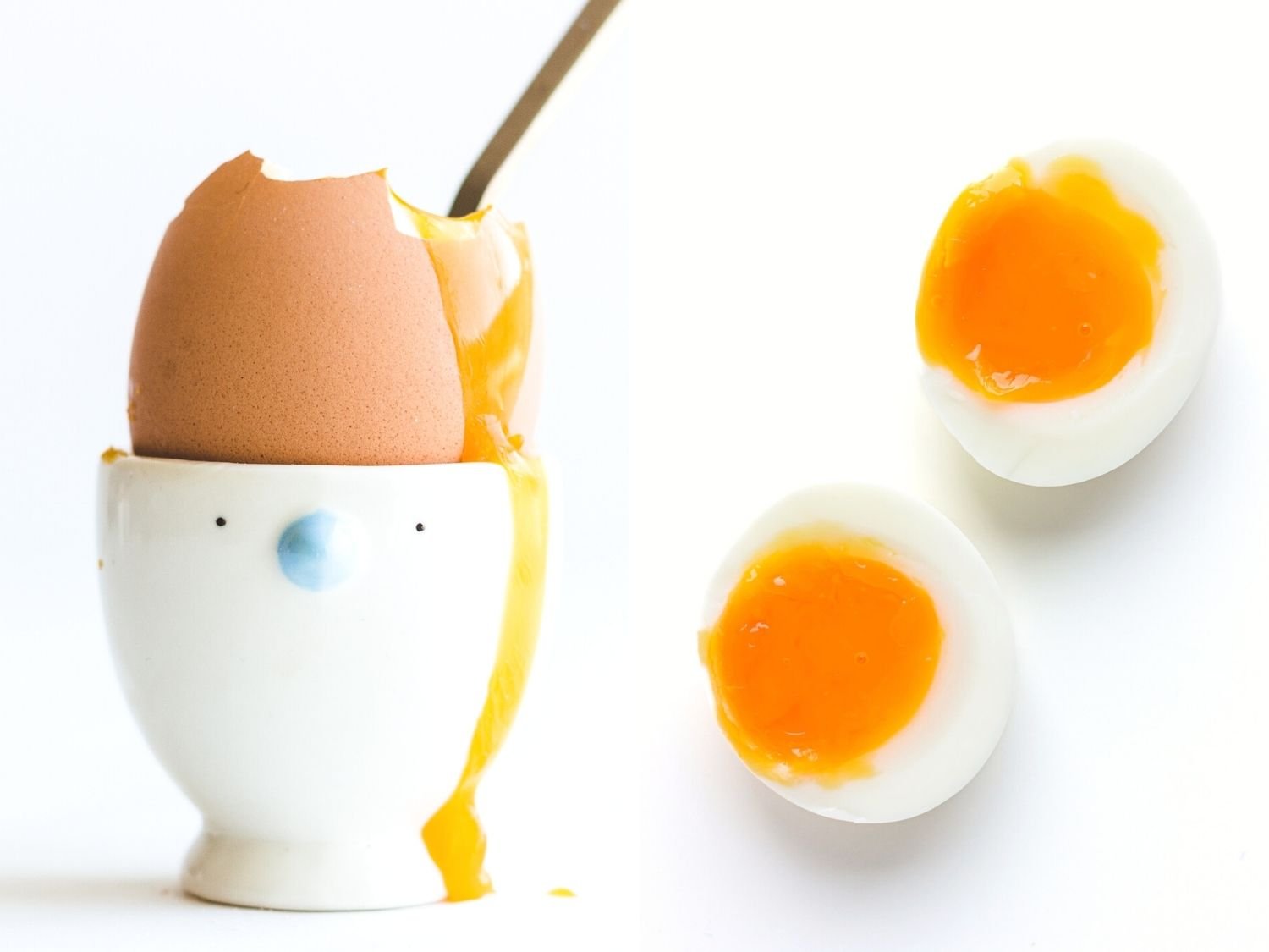 Collage showing two pictures of a soft boiled egg side by side - one in an egg cup and one sliced in half to show the middle.