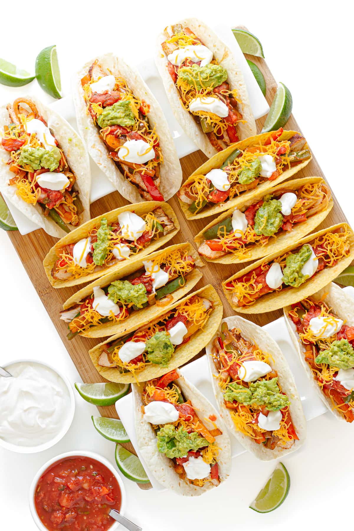 Chicken Fajita Tacos board featuring a mix of soft and hard shell tacos.