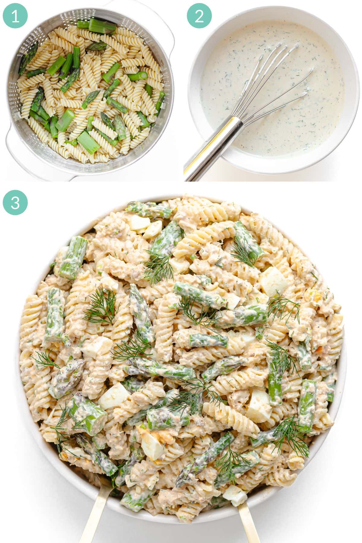 Numbered photo collage showing how to make Salmon Asparagus Pasta Salad.