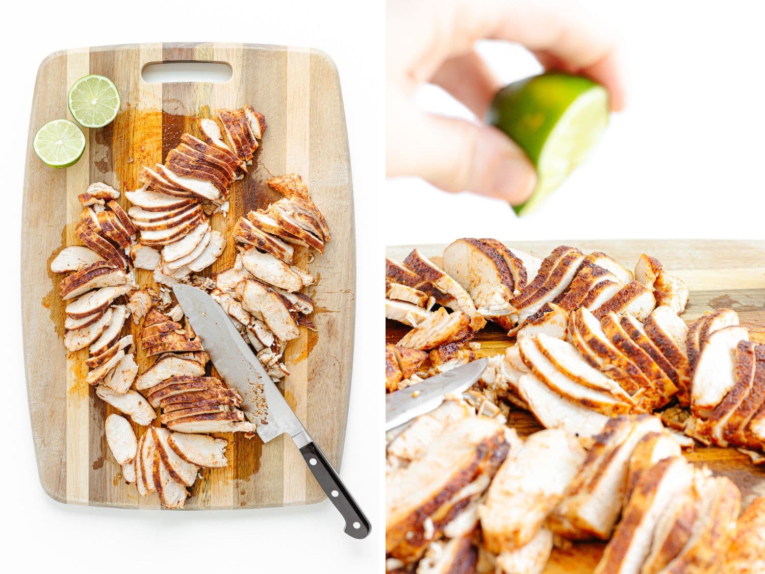 Collage of two photos showing sliced fajita chicken on a cutting board and a hand squeezing lime over top of the chicken.