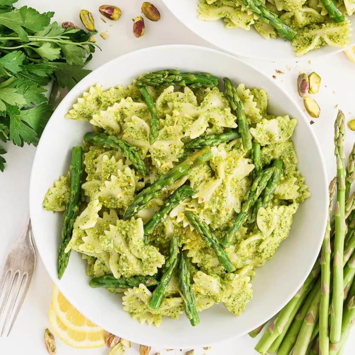 Bowl of asparagus pesto pasta.