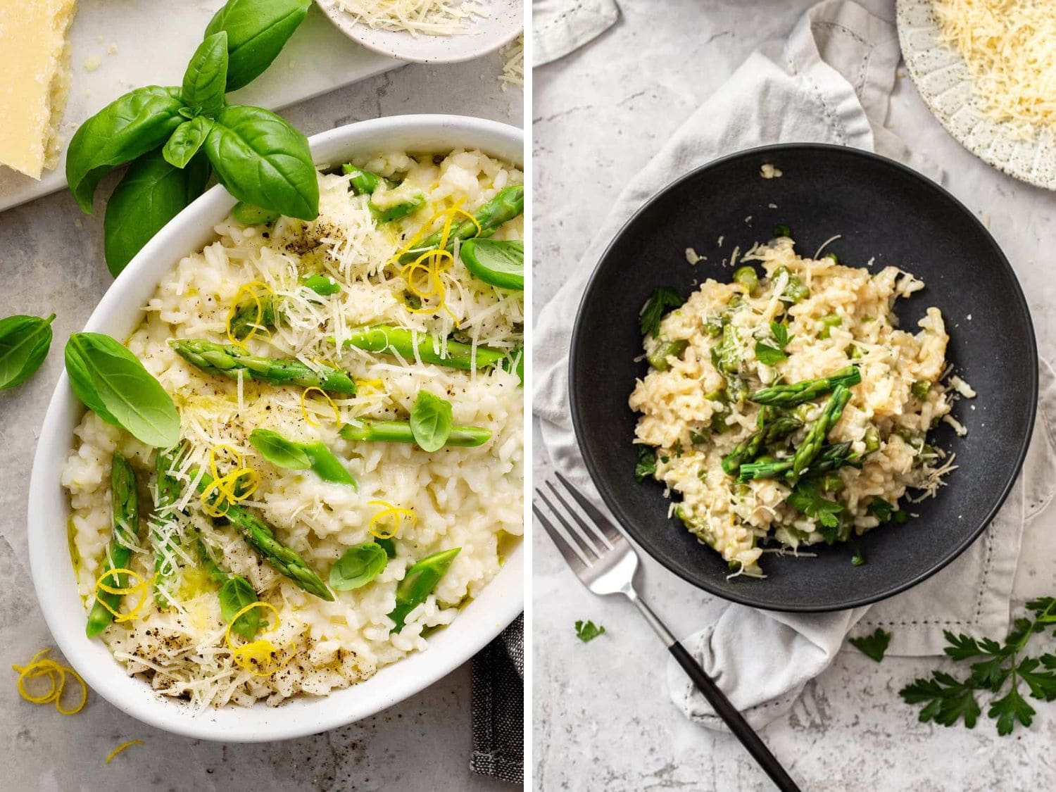 Photo collage of two asparagus risotto pictures.