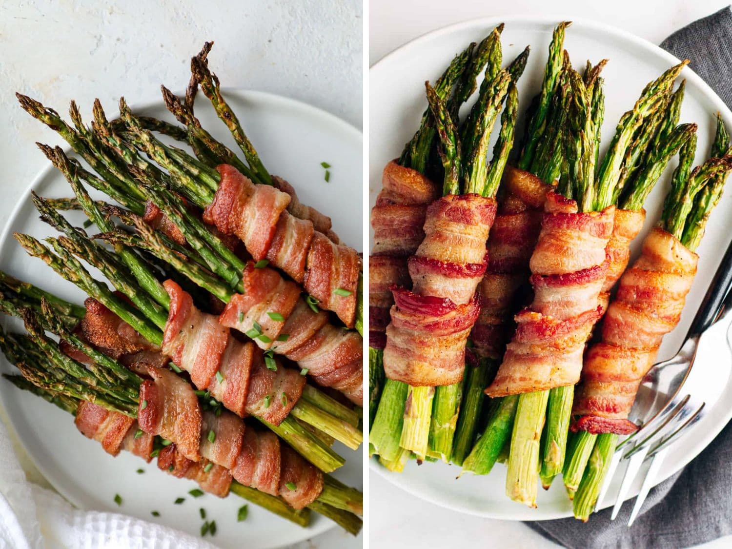 Photo collage of two pictures featuring bacon wrapped asparagus.