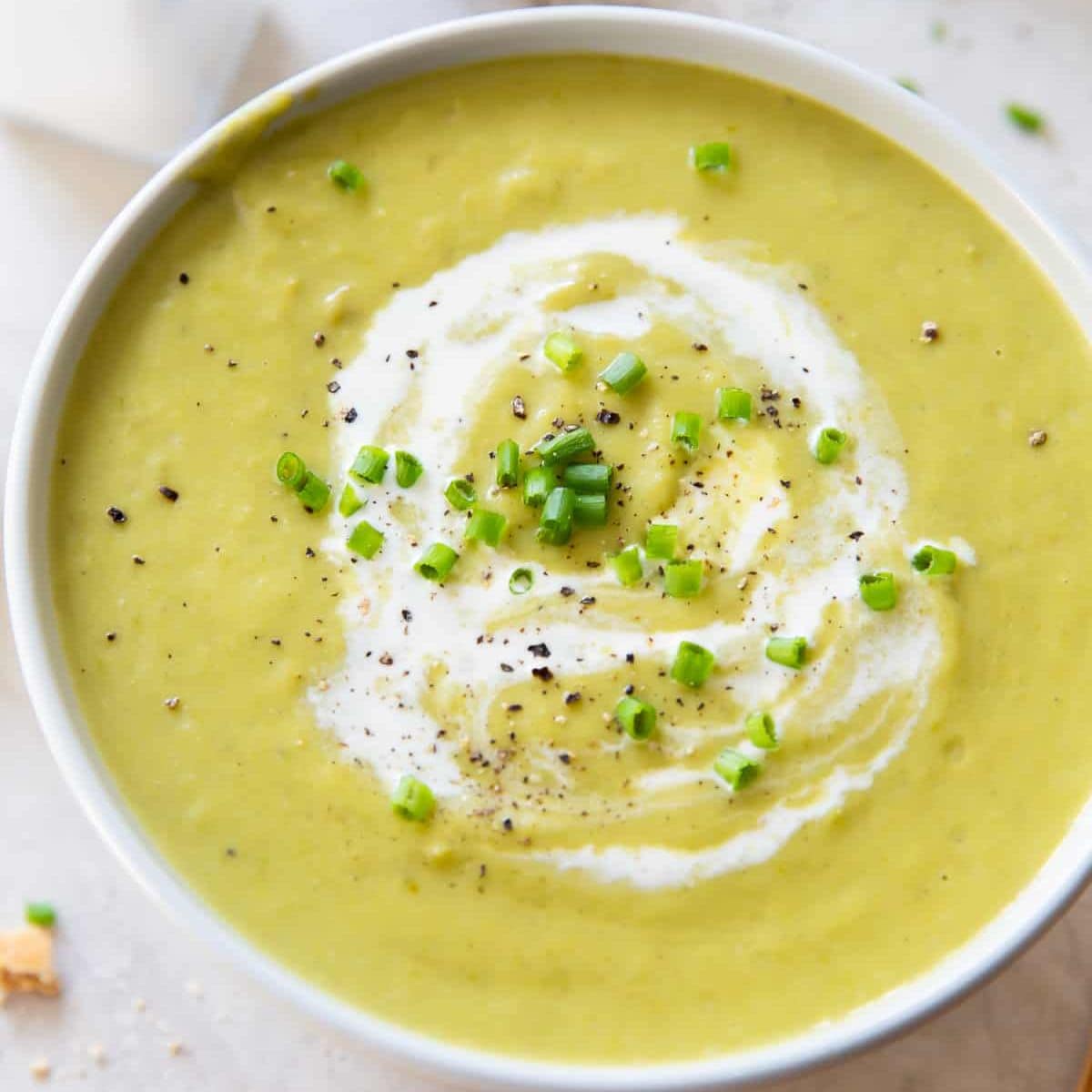 Bowl of creamy asparagus soup.