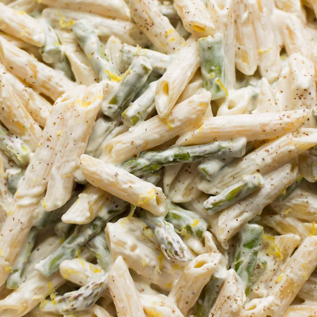 Closeup of creamy lemon asparagus pasta.