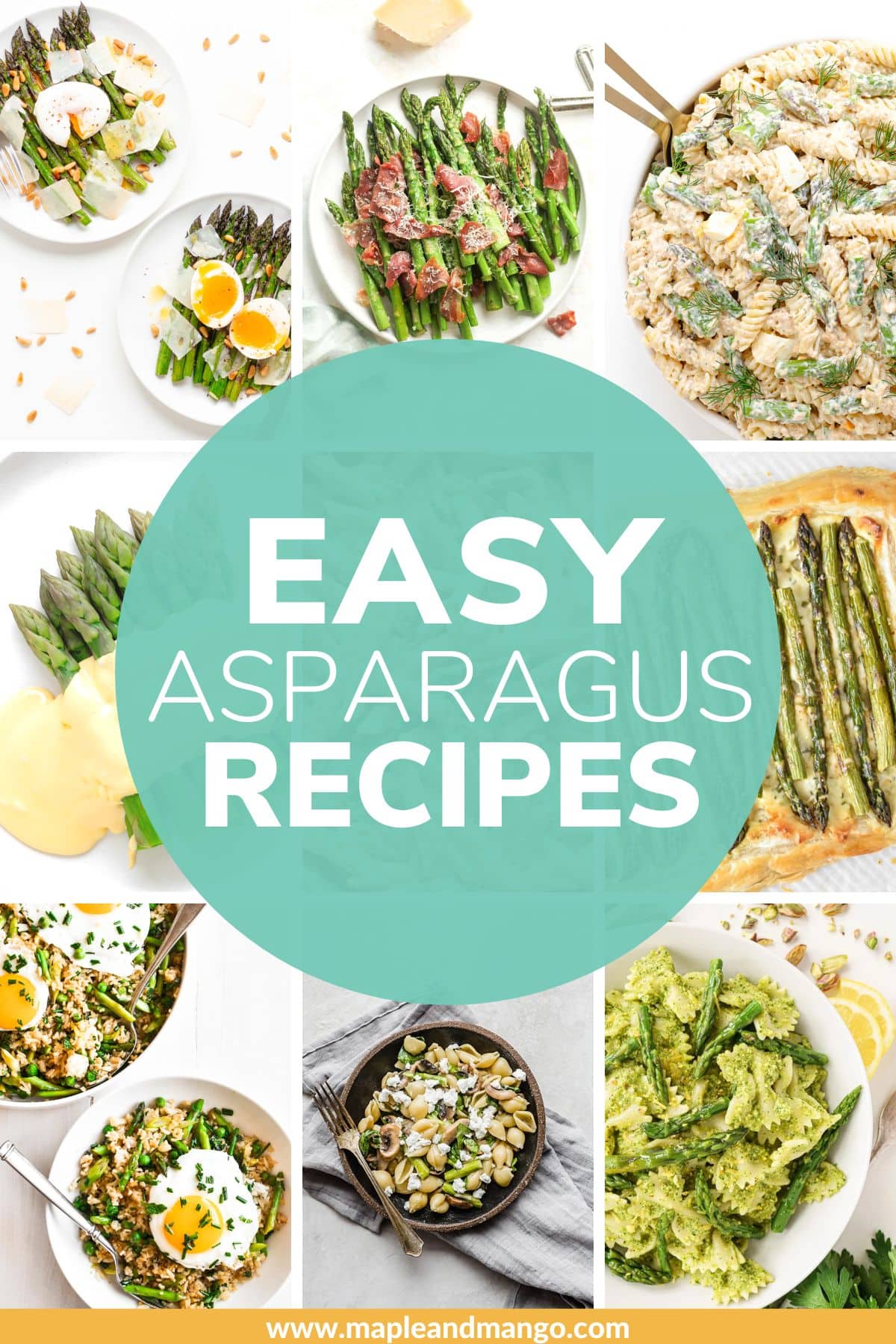 Photo collage graphic of recipes made with asparagus with text overlay "Easy Asparagus Recipes".