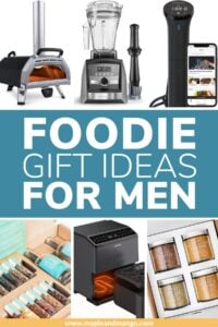 Collage graphic of cooking equipment and food items with a text overlay "Foodie Gift Ideas For Men".