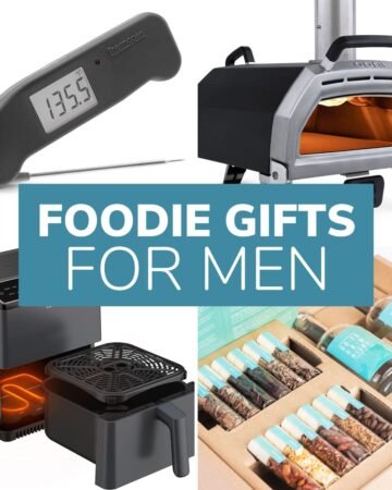 Photo collage of cooking and food products with text overlay "Foodie Gifts For Men".