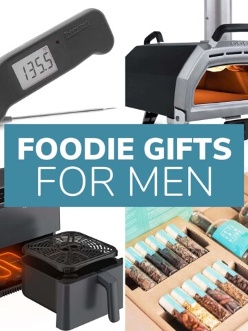 Photo collage of cooking and food products with text overlay "Foodie Gifts For Men".