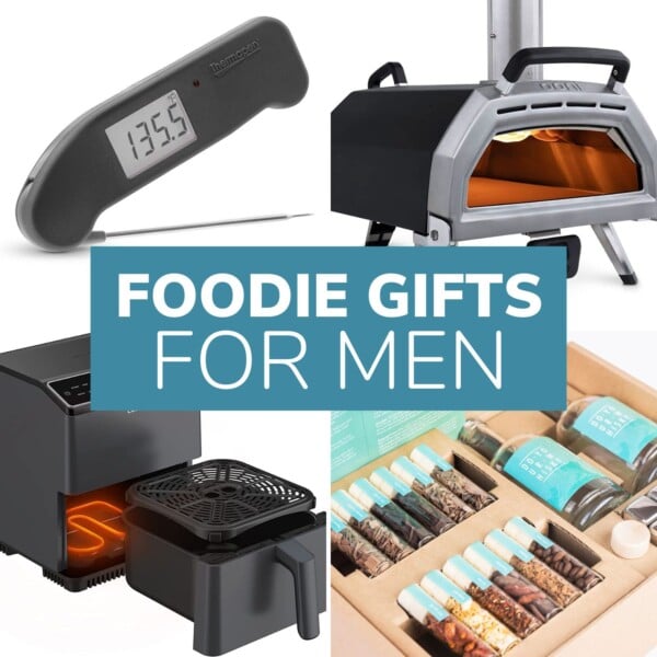 Photo collage of cooking and food products with text overlay "Foodie Gifts For Men".