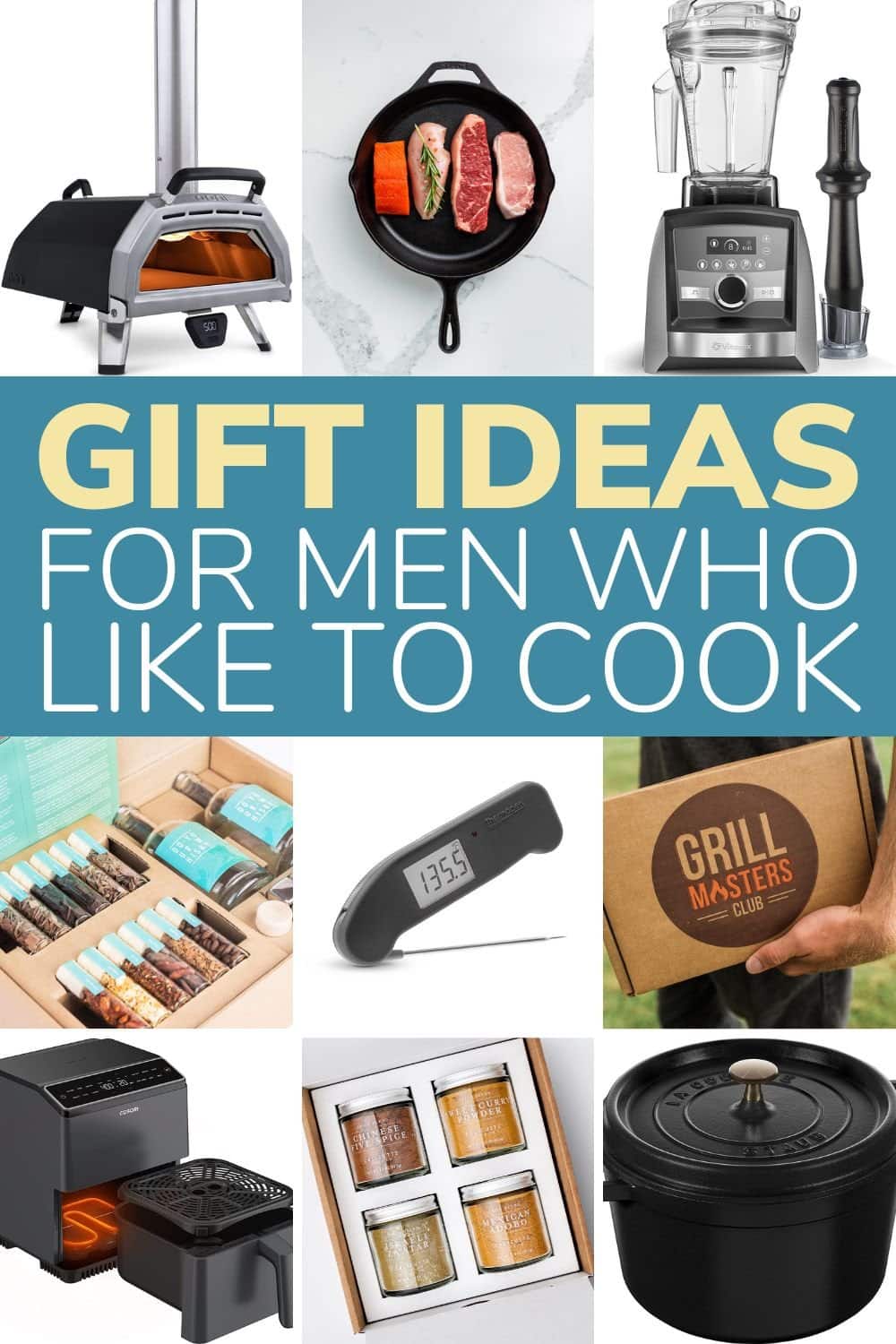 Pinterest collage graphic of gift ideas for men who like to cook.