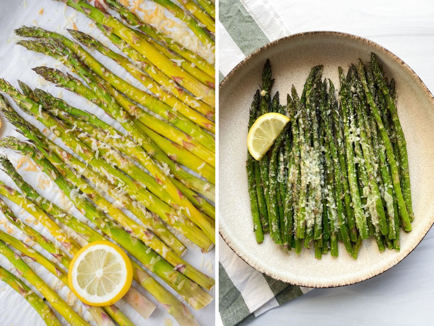 Collage of two photos of lemon parmesan asparagus.
