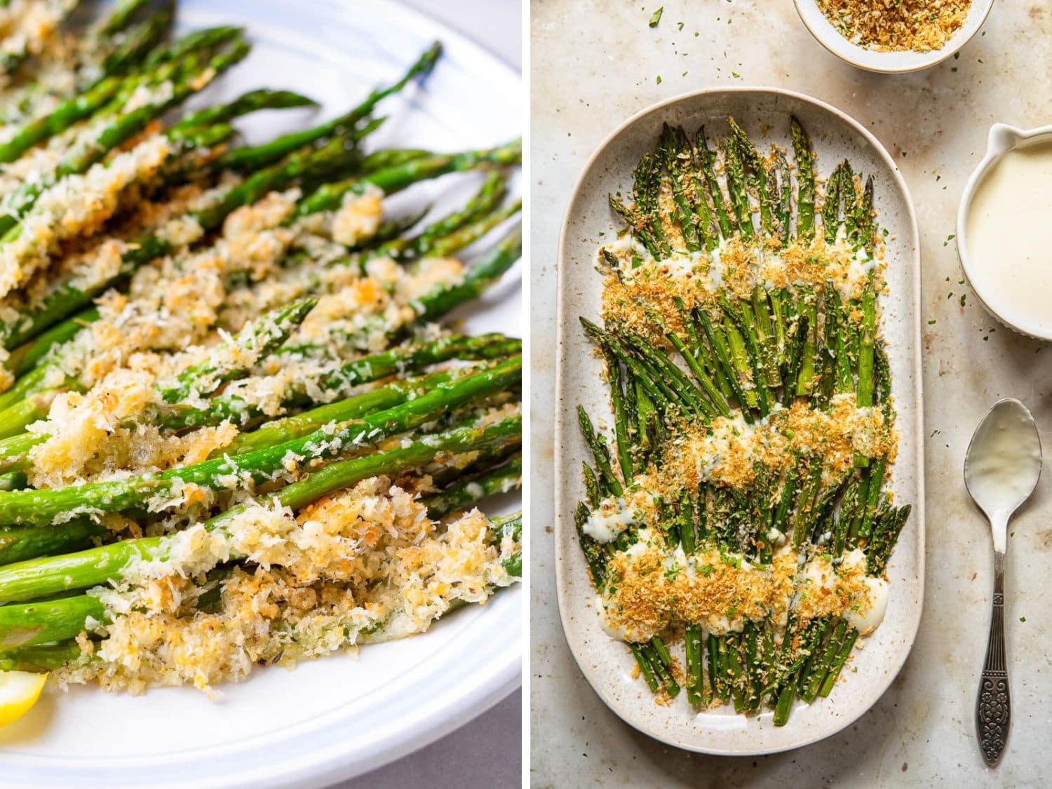 Photo collage of two photos featuring dishes of roasted asparagus with bread crumb toppings.