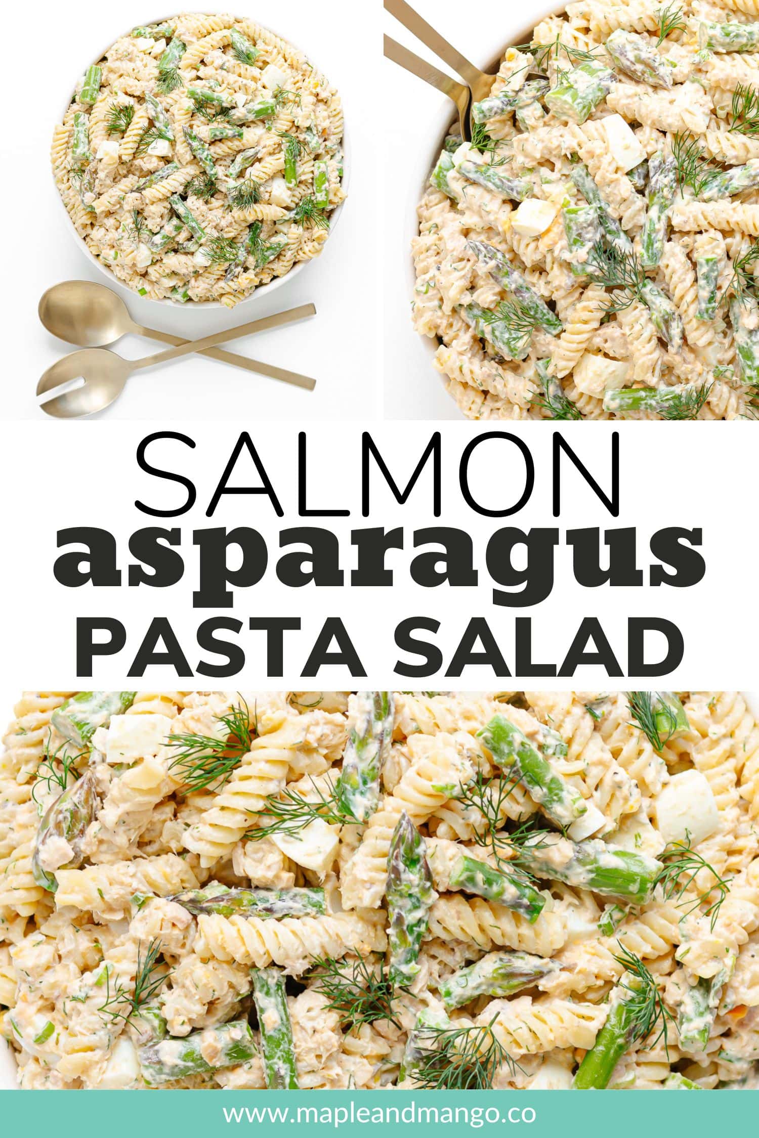Photo collage graphic showing various pictures of a pasta salad with text overlay "Salmon Asparagus Pasta Salad".