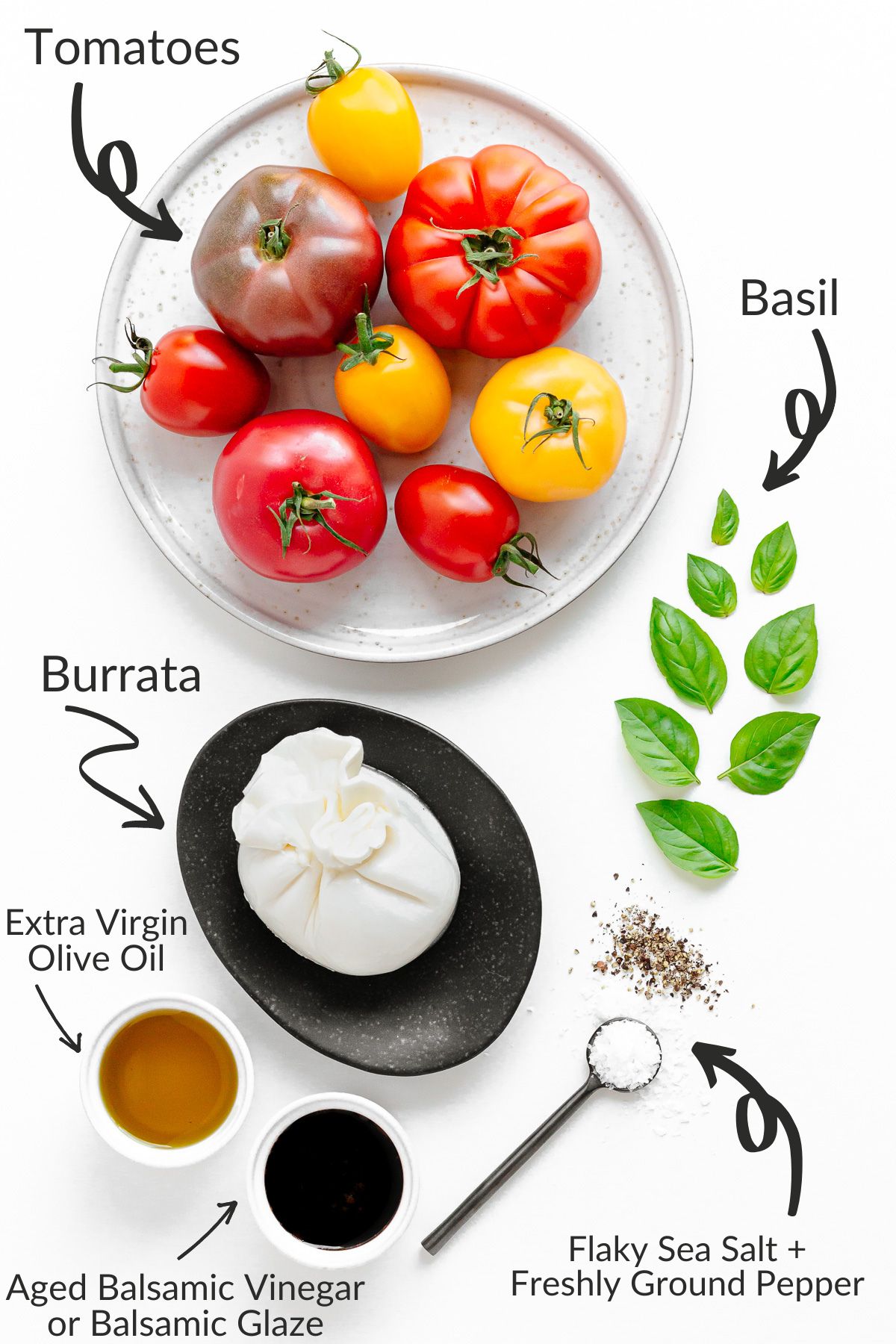 Labelled photo of ingredients needed to make a burrata caprese salad.