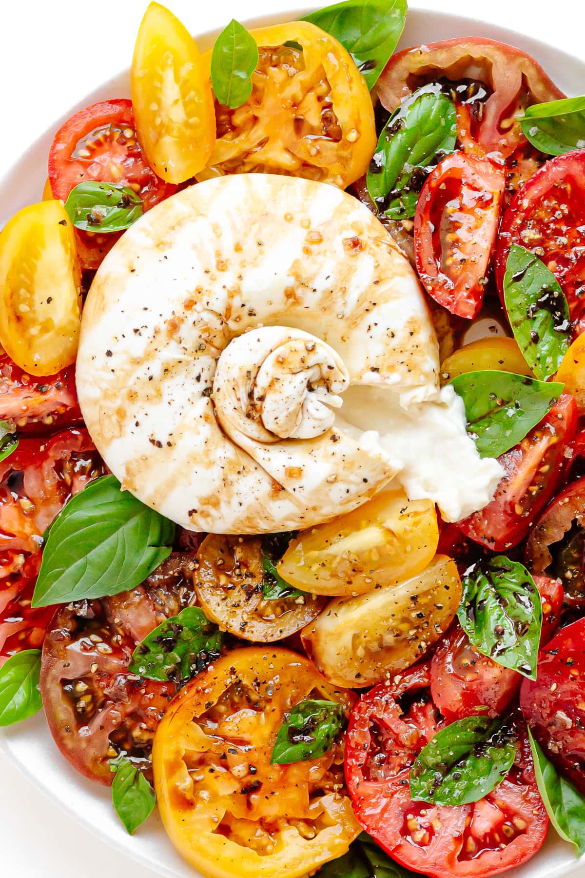 Burrata with heirloom tomatoes and basil on a white plate.