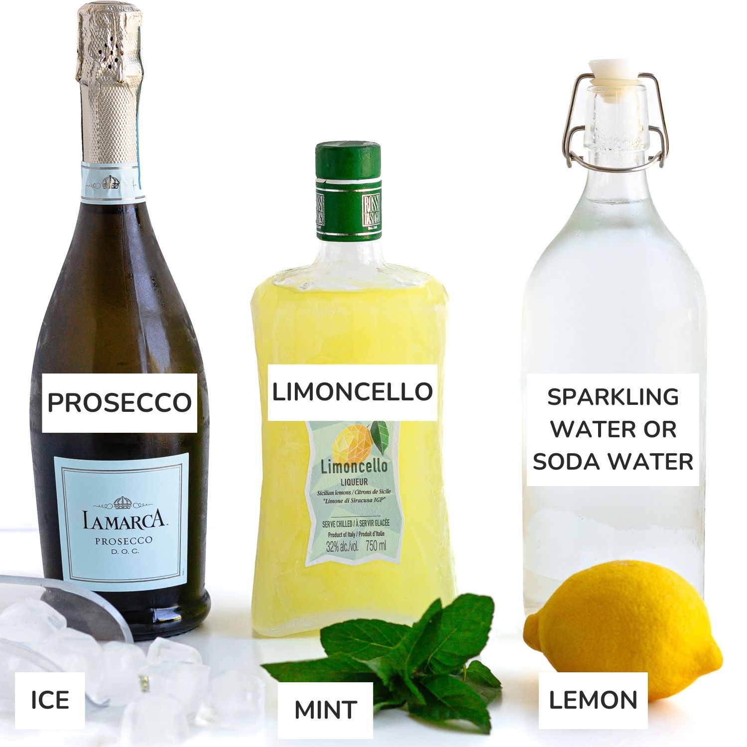 Labelled image of ingredients needed to make a limoncello spritz.