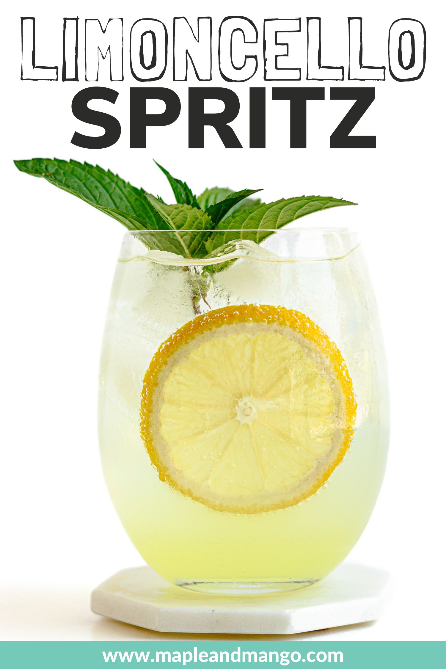 Pinterest graphic featuring a limoncello cocktail with text overlay "Limoncello Spritz".