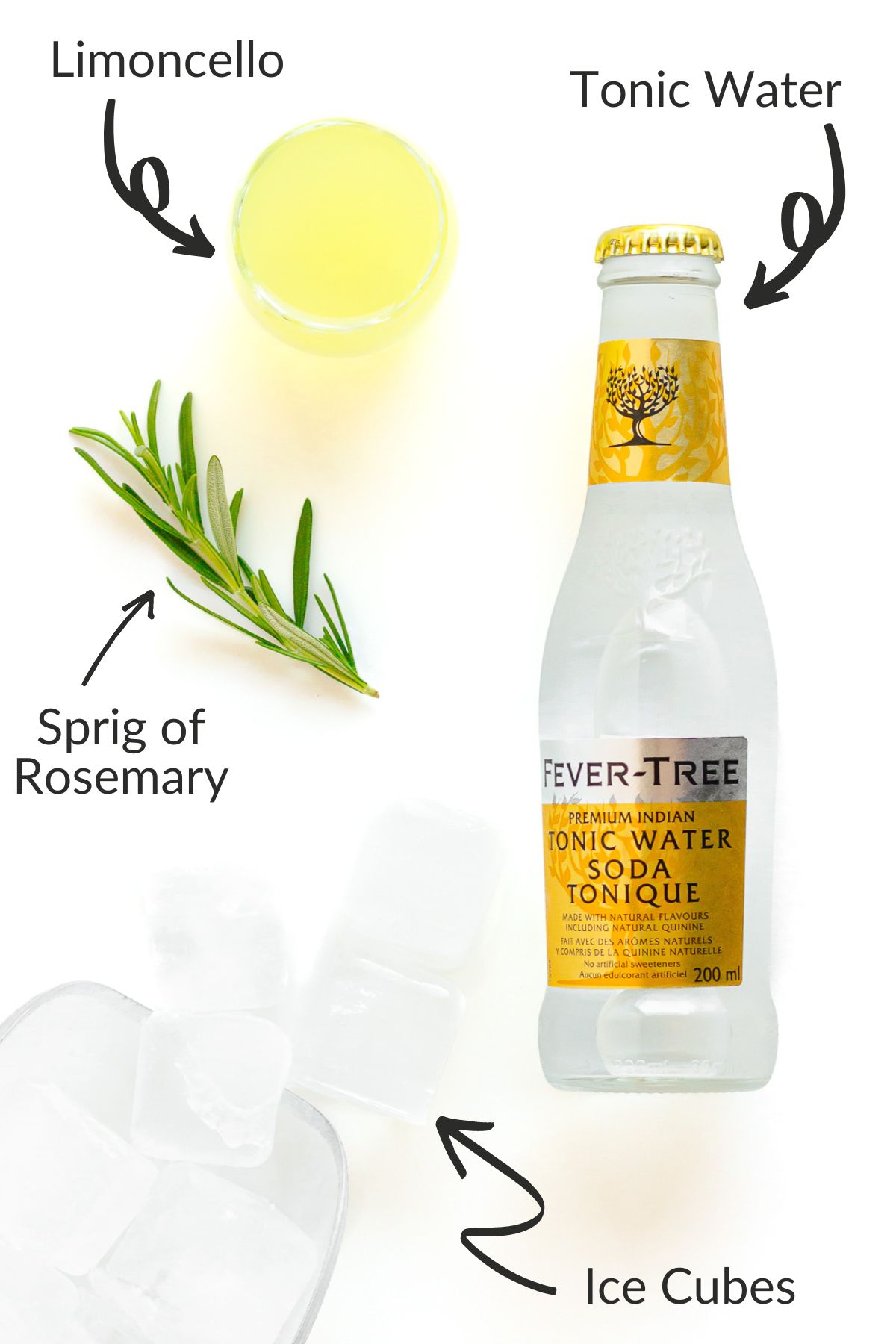 Labelled photo of ingredients needed to make a limoncello tonic cocktail.