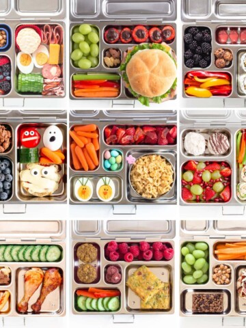 Photo collage of nine different easy lunch box ideas for kids.
