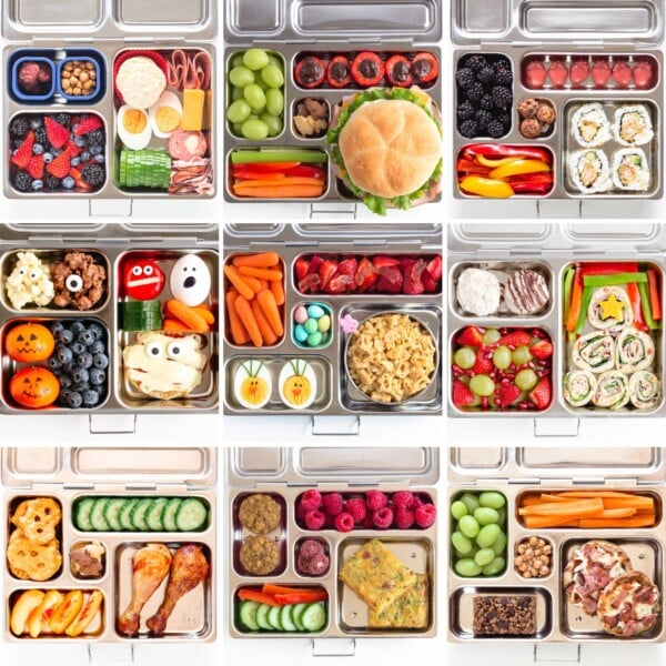 Photo collage of nine different easy lunch box ideas for kids.