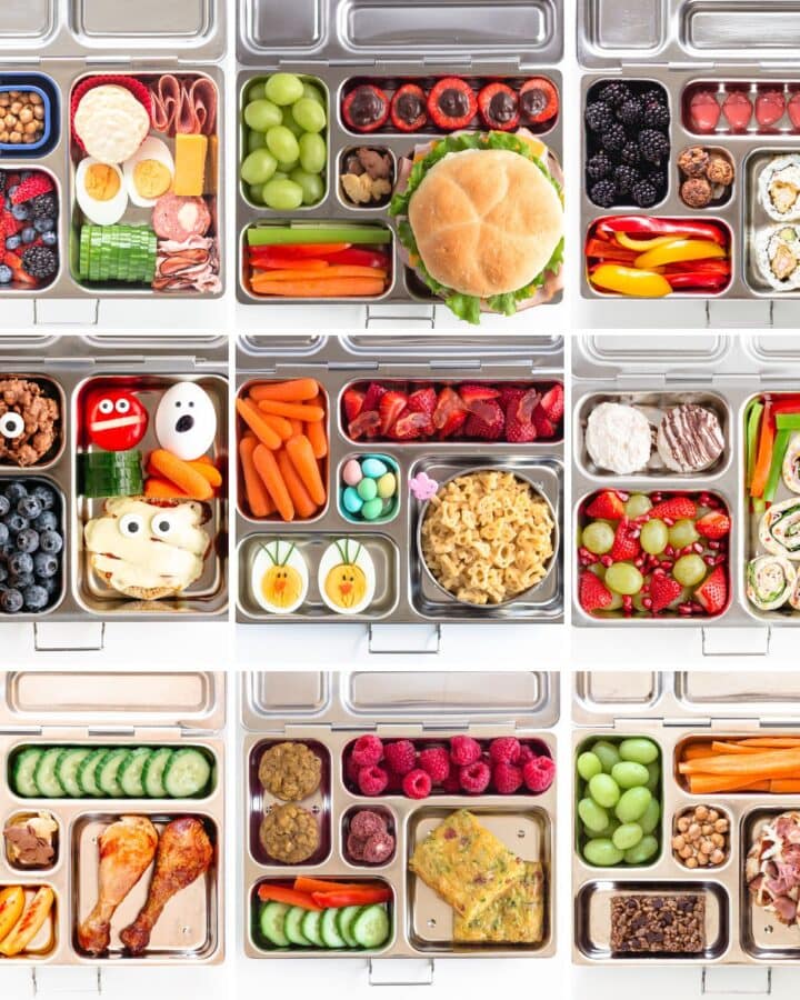 Photo collage of nine different easy lunch box ideas for kids.
