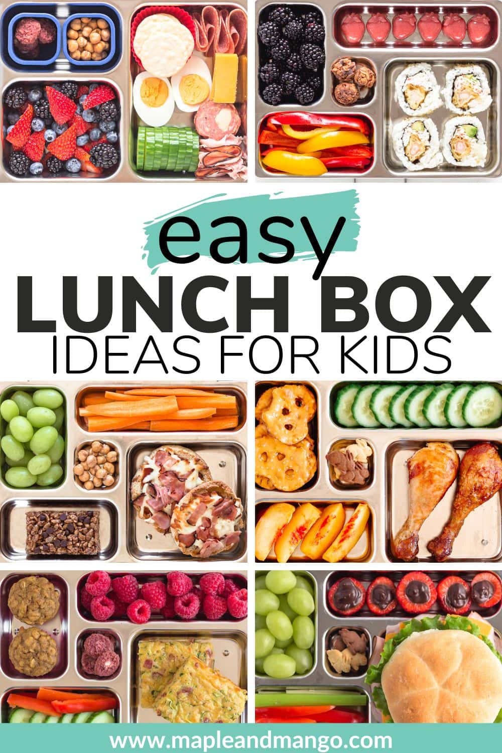 Photo collage graphic showing different packed lunch boxes with text overlay "Easy Lunch Box Ideas For Kids".