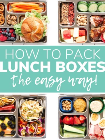 Photo collage of four packed lunch boxes with text overlay "How To Pack Lunch Boxes The Easy Way!".