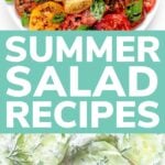 Pinterest graphic showing pictures of a burrata caprese and cucumber salad with text overlay "Summer Salad Recipes".