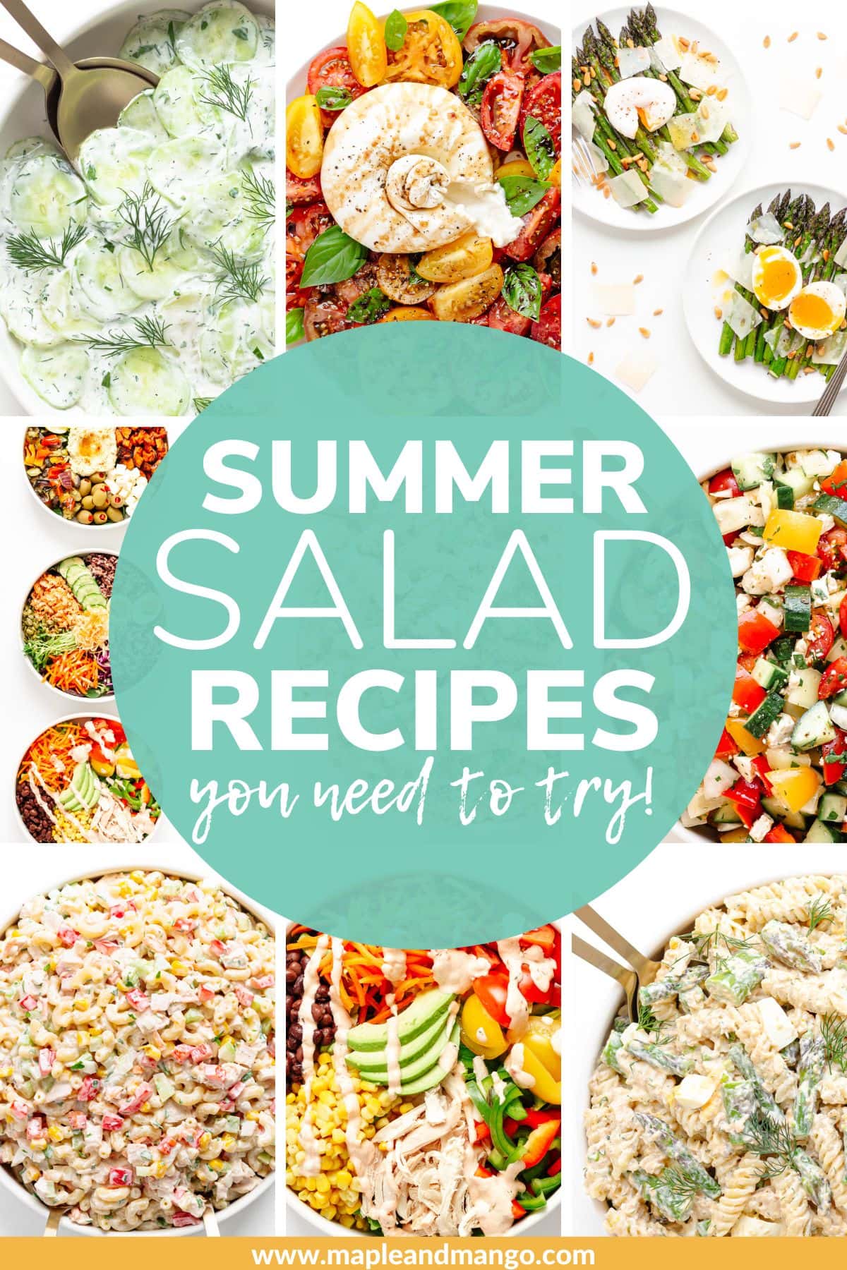 Photo collage of salads with text overlay "Summer Salad Recipes You Need To Try!".