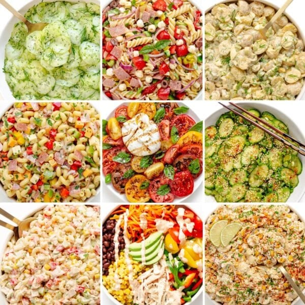Photo collage of summer salads.