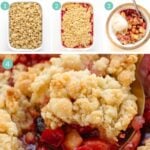 Graphic showing step-by-step photos of apple plum crumble being made with text overlay "Apple Plum Crumble With Butter Streusel".