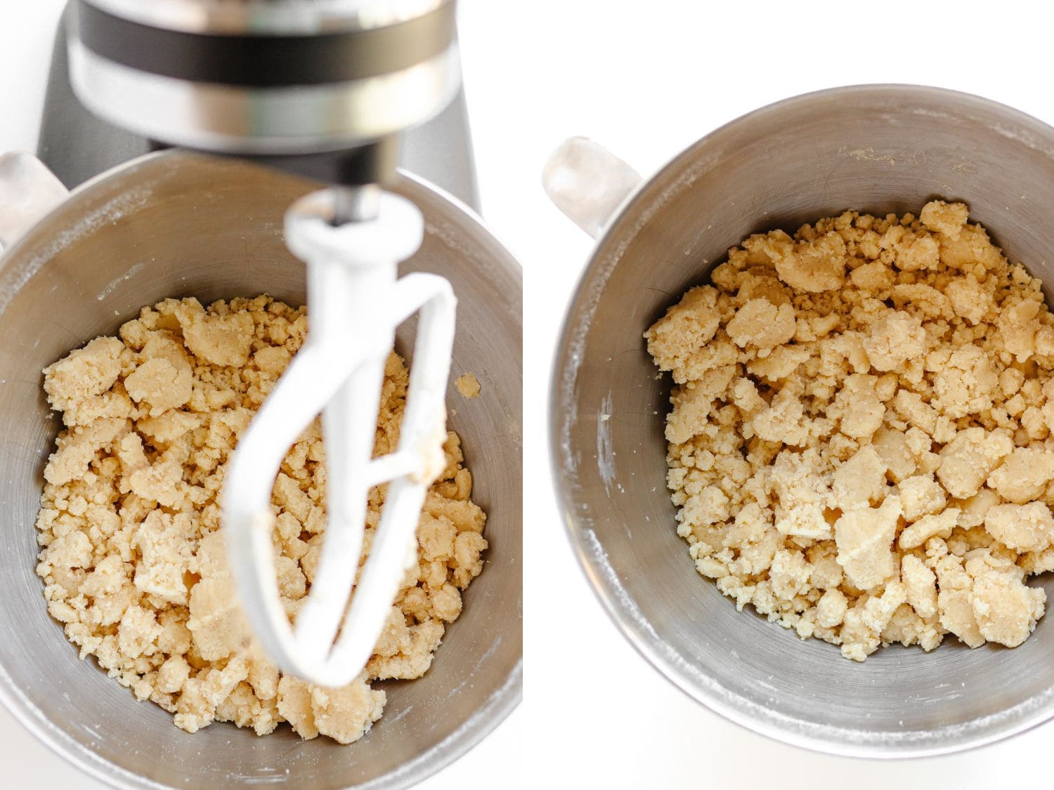 Butter streusel crumble topping being mixed in a stand mixer.