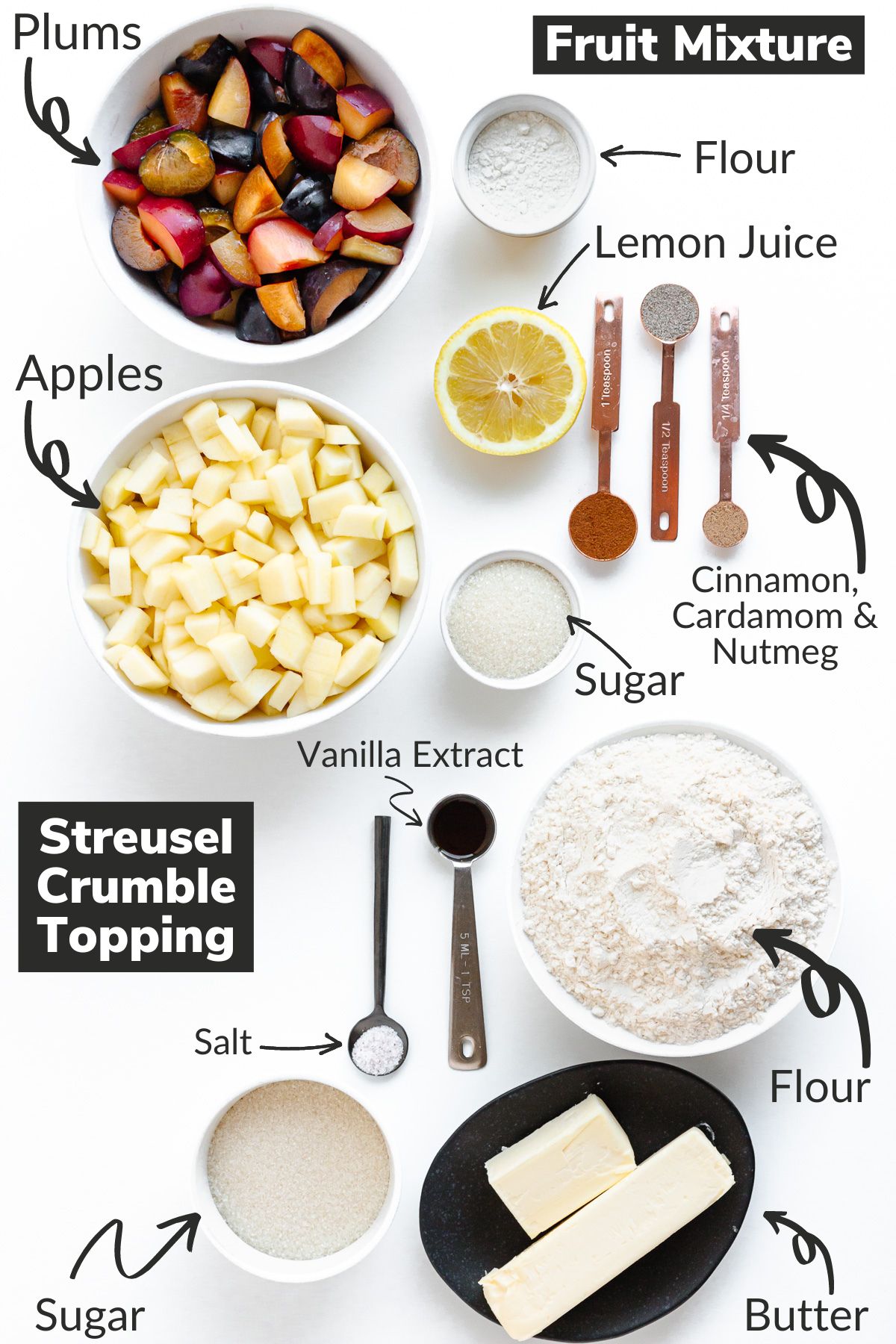 Labelled photo of ingredients needed to make this plum and apple crumble recipe.
