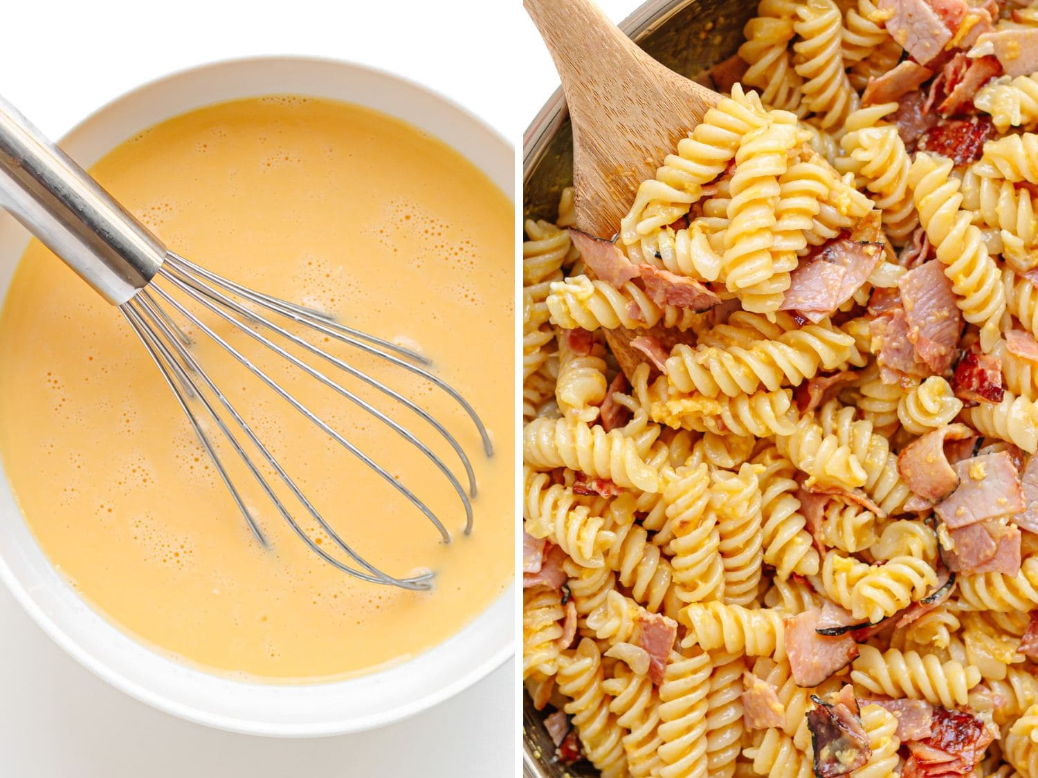 Photo of eggs and cream whisked together in a white bowl next to a photo of the egg mixture being mixed through ham noodles in a pan.